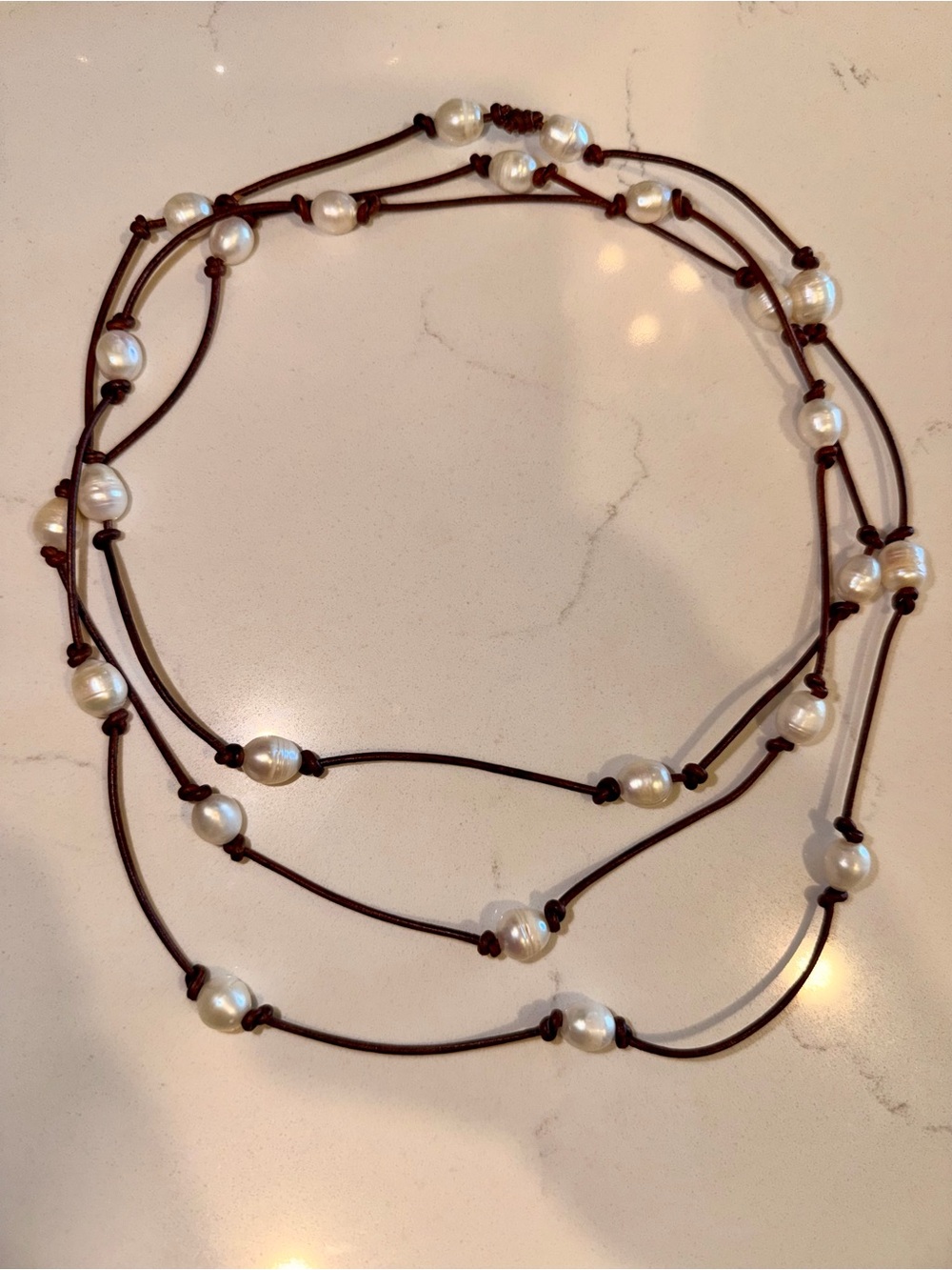 Freshwater Pearls - Long Layered Necklace on Genuine Leather Cord